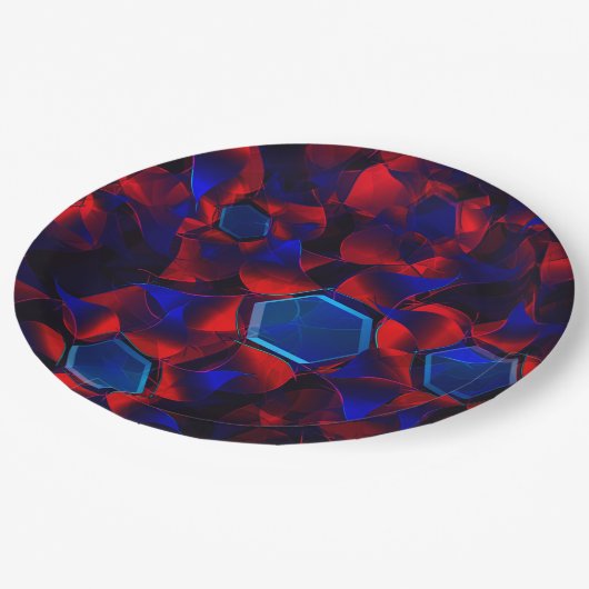Blaues Hexagon gemischt mit überlappenden roten Ku Pappteller (Schrägansicht)