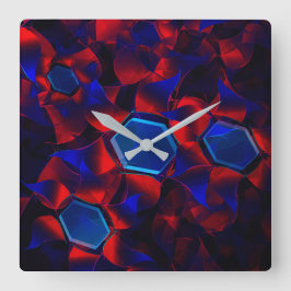 Blaues Hexagon gemischt mit überlappenden roten Ku Quadratische Wanduhr