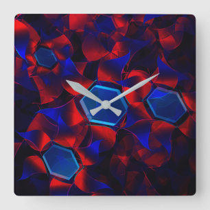 Blaues Hexagon gemischt mit überlappenden roten Ku Quadratische Wanduhr