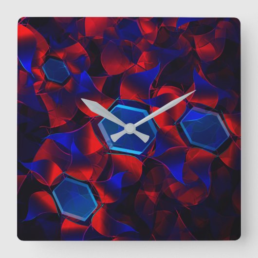 Blaues Hexagon gemischt mit überlappenden roten Ku Quadratische Wanduhr (Vorderseite)