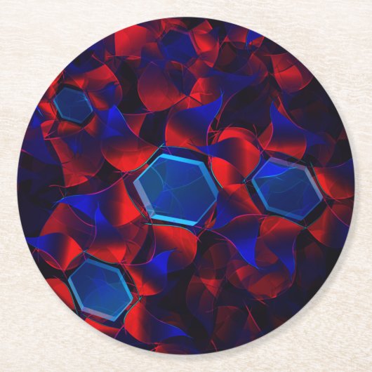 Blaues Hexagon gemischt mit überlappenden roten Ku Runder Pappuntersetzer (Vorderseite)