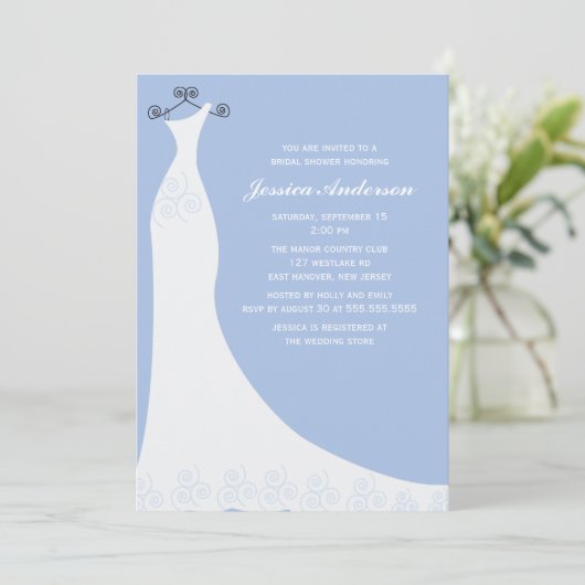 Blaues Hochzeitsgown-Brautparty Einladung (Stehend Vorderseite)