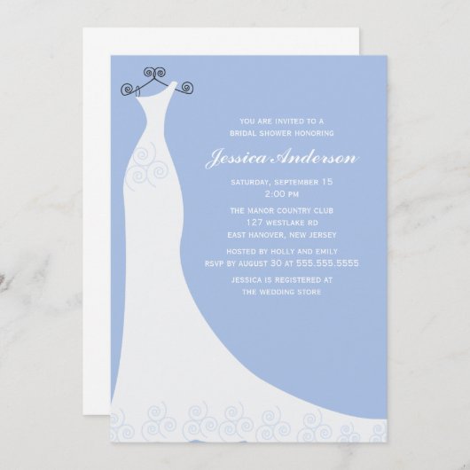 Blaues Hochzeitsgown-Brautparty Einladung (Vorne/Hinten)