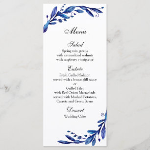 Blaues Hochzeitsmenü botanisch. Winter-Dinner-Menü Menükarte