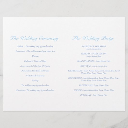 Blaues Hochzeitsprogramm für Liebesvögel (Rückseite)