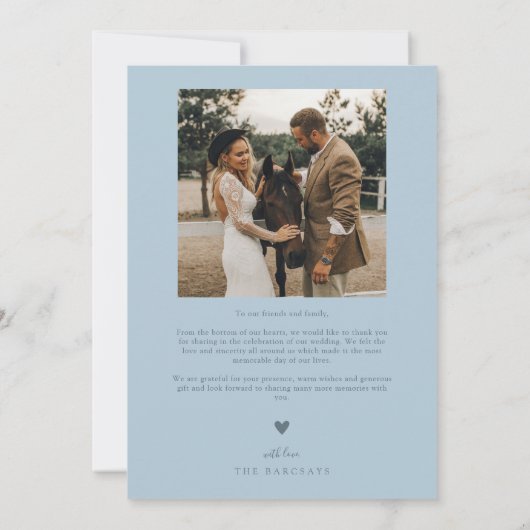 Blaues Hochzeitsstich mit knackiger Hand Dankeskarte (Rückseite)