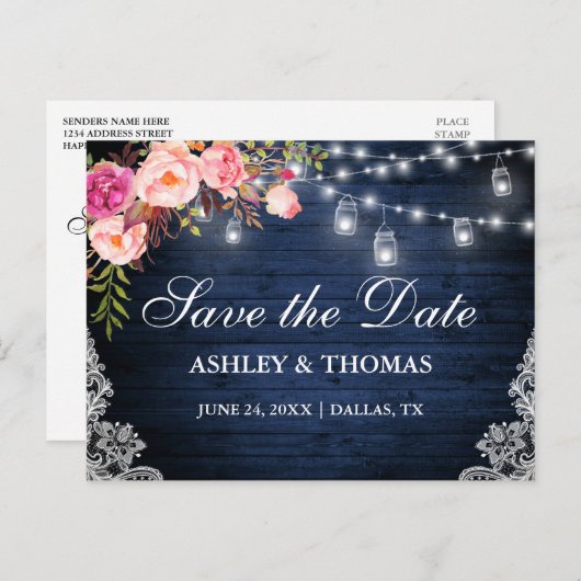 Blaues Holz Rosa Blumenwein Weite Save the Date le Ankündigungspostkarte (Vorne/Hinten)