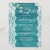 Blaues Holz und Spitzen- & String-Lights Hochzeit Einladung (Vorne/Hinten)