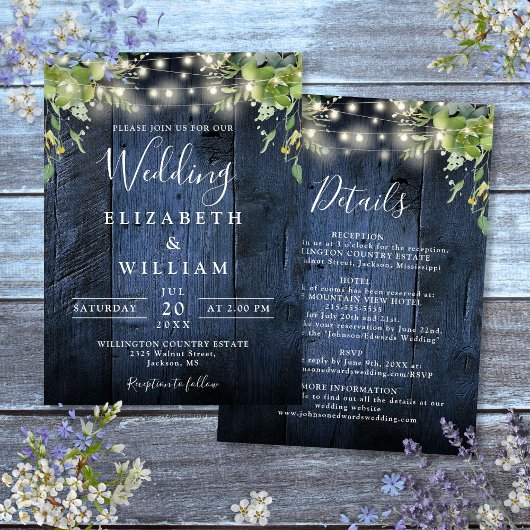 Blaues Holz und weiße Rasenflächen Details Hochzei Einladung