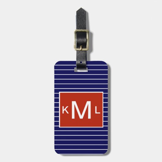 Blaues, horizontales Streifen, rotes Monogramm Gepäckanhänger (Vorderseite vertikal)