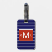 Blaues, horizontales Streifen, rotes Monogramm Gepäckanhänger (Rückseite vertikal)