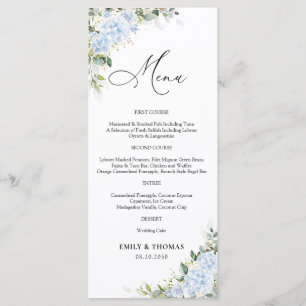 Blaues Hortensien-Blumen-Hochzeitsmenü Menükarte