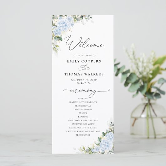 Blaues Hortensien-Blumen-Hochzeitsprogramm Programm (Stehend Vorderseite)