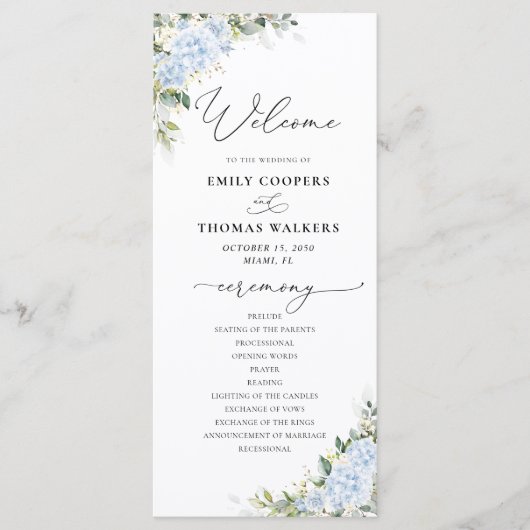 Blaues Hortensien-Blumen-Hochzeitsprogramm Programm (Vorderseite)