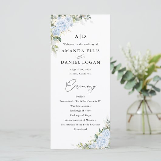 Blaues Hortensien-Blumen-Hochzeitsprogramm Programm (Stehend Vorderseite)