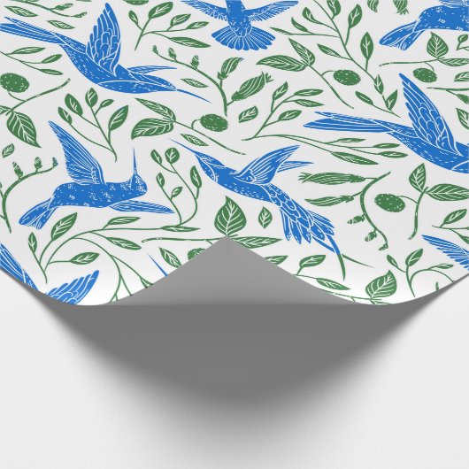 Blaues Hummingvögelmuster, grüne Blätter Geschenkpapier (Ecke)