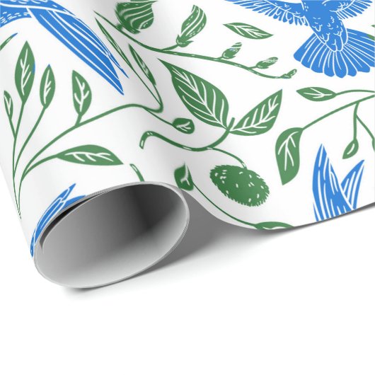 Blaues Hummingvögelmuster, grüne Blätter Geschenkpapier (Rolleneckpunkt)