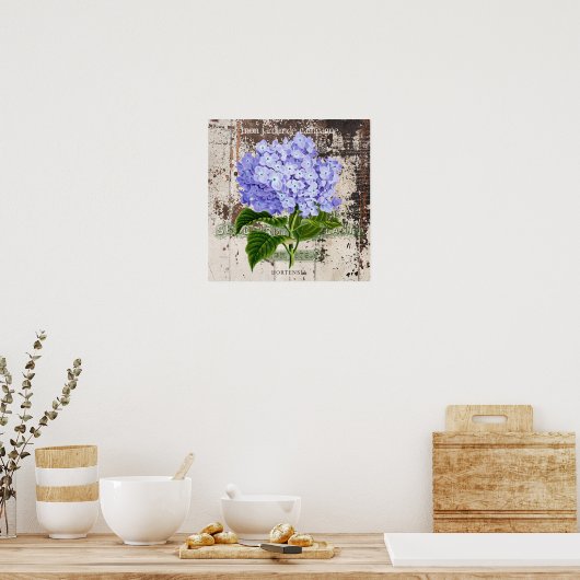 Blaues Hydrangea auf rustikalem Hintergrund Poster (Küche)