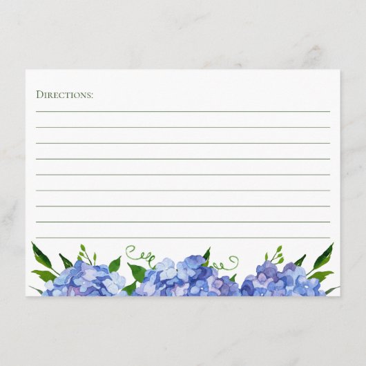 Blaues Hydrangea Blumenrezipe Begleitkarte (Rückseite)
