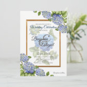 Blaues Hydrangea-Blumenstrauß-Goldelegante Einladung (Stehend Vorderseite)