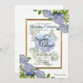 Blaues Hydrangea-Blumenstrauß-Goldelegante Einladung (Vorne/Hinten)