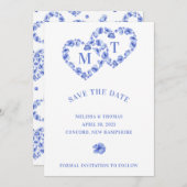 Blaues Hydrangea-Doppelherz Save The Date (Vorne/Hinten)