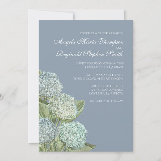 Blaues Hydrangea/dusty Blue Back Wedding Einladung (Vorderseite)