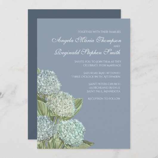 Blaues Hydrangea/dusty Blue Back Wedding Einladung (Vorne/Hinten)