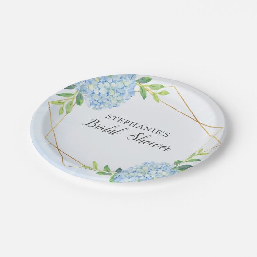 Blaues Hydrangea Geometrisches Brautparty Pappteller (Schrägansicht)