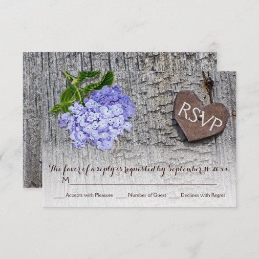 Blaues Hydrangea & Herz auf Holzhochzeit RSVP (Vorne/Hinten)