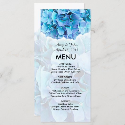 Blaues Hydrangea-Hochzeitsmenü Menükarte (Vorne/Hinten)