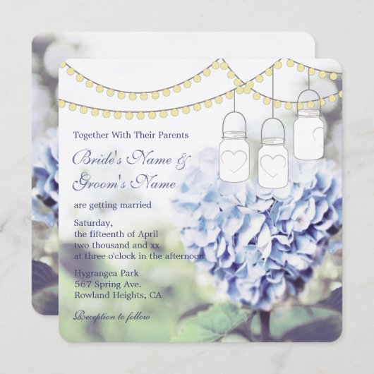 Blaues Hydrangea Mason Jar Hochzeit Einladung (Vorne/Hinten)