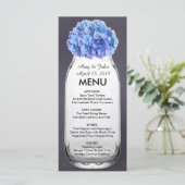 Blaues Hydrangea Masson Glas Hochzeitsmenü Hydrang Menükarte (Stehend Vorderseite)