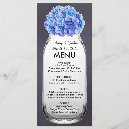Blaues Hydrangea Masson Glas Hochzeitsmenü Hydrang Menükarte (Vorderseite)