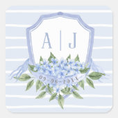 Blaues Hydrangea Monogramm Wappen mit Streifen Bev Quadratischer Aufkleber (Vorderseite)
