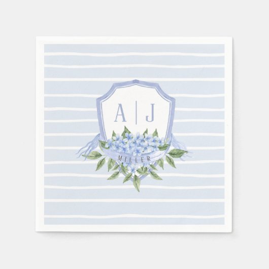 Blaues Hydrangea Monogramm Wappen mit Streifen Bev Serviette (Vorderseite)