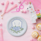 Blaues Hydrangea Monogramm Wappen mit Streifen Pappteller (Party)