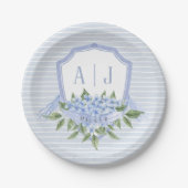 Blaues Hydrangea Monogramm Wappen mit Streifen Pappteller (Vorderseite)