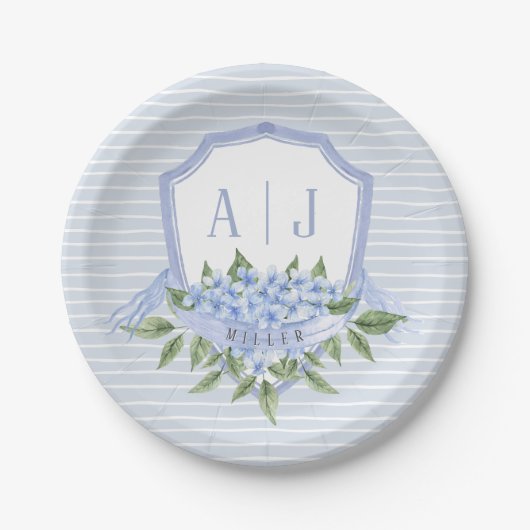 Blaues Hydrangea Monogramm Wappen mit Streifen Pappteller (Vorderseite)