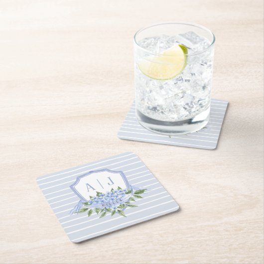 Blaues Hydrangea Monogramm Wappen mit Streifen Rechteckiger Pappuntersetzer (Vor Ort)