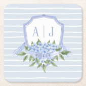 Blaues Hydrangea Monogramm Wappen mit Streifen Rechteckiger Pappuntersetzer (Vorderseite)