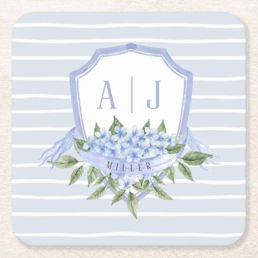 Blaues Hydrangea Monogramm Wappen mit Streifen Rechteckiger Pappuntersetzer (Vorderseite)