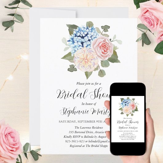 Blaues Hydrangea Rosa Botanisches Brautparty Einladung