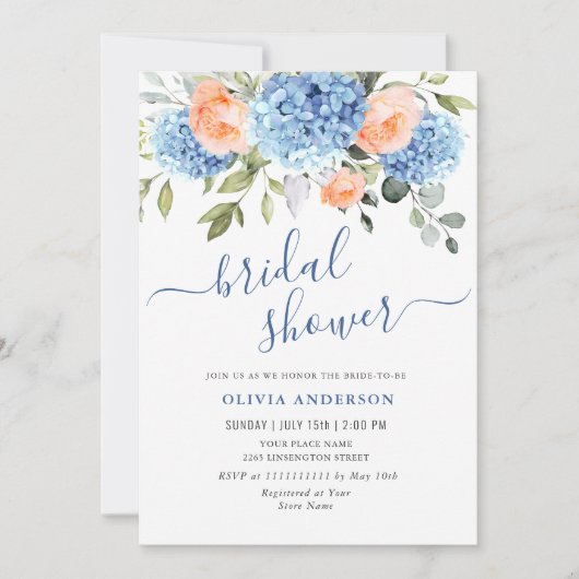 Blaues Hydrangea Roses BRAUTPARTY Einladung (Vorderseite)