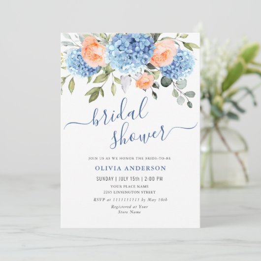 Blaues Hydrangea Roses BRAUTPARTY Einladung (Stehend Vorderseite)