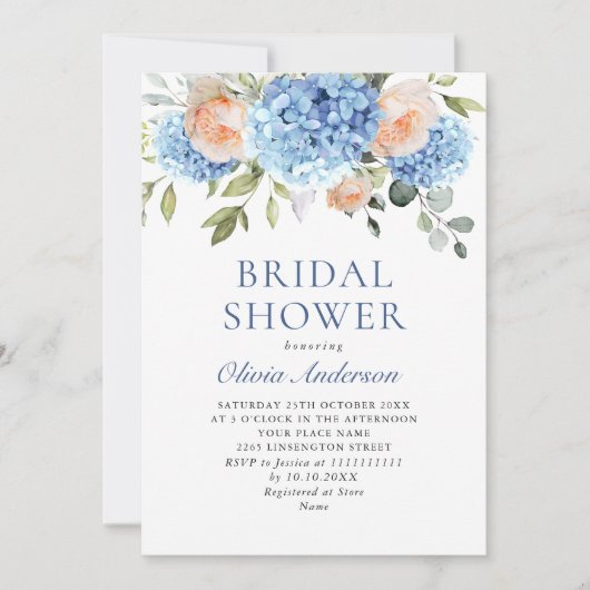 Blaues Hydrangea Roses BRAUTPARTY Einladung (Vorderseite)