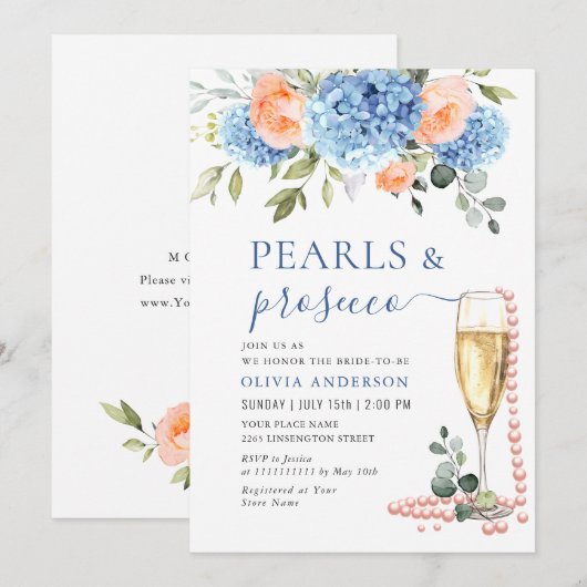Blaues Hydrangea Roses PEARLS & Prosecco Einladung (Vorne/Hinten)
