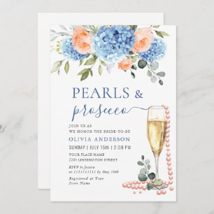 Blaues Hydrangea Roses PEARLS & Prosecco Einladung