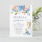 Blaues Hydrangea Roses PEARLS & Prosecco Einladung (Stehend Vorderseite)
