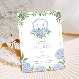 Blaues Hydrangea-Wappen Save the Date Einladung